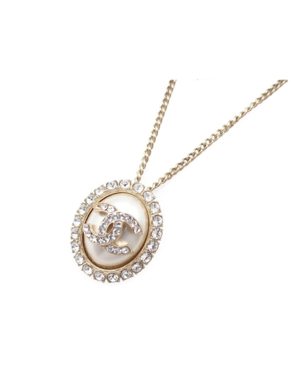 Chanel Necklace Gold White Metal Costume Pearl Rhinestone CC Logo